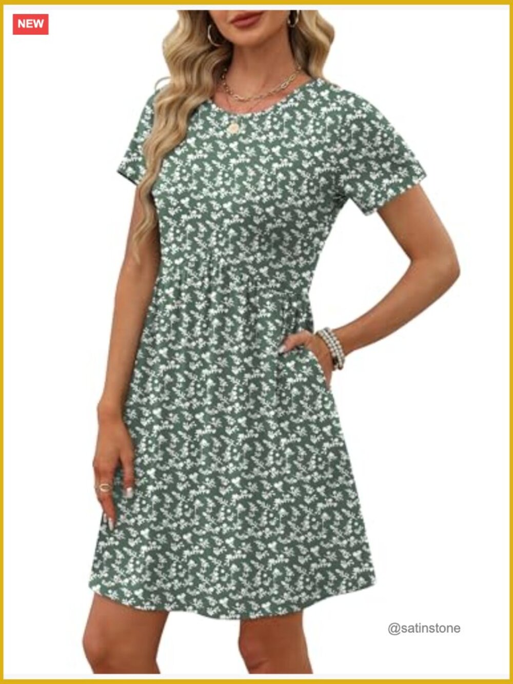 Short Sleeve Crew Neck Casual Maternity Dress with Pockets Empire Waist A-Line - Picture 3 of 7
